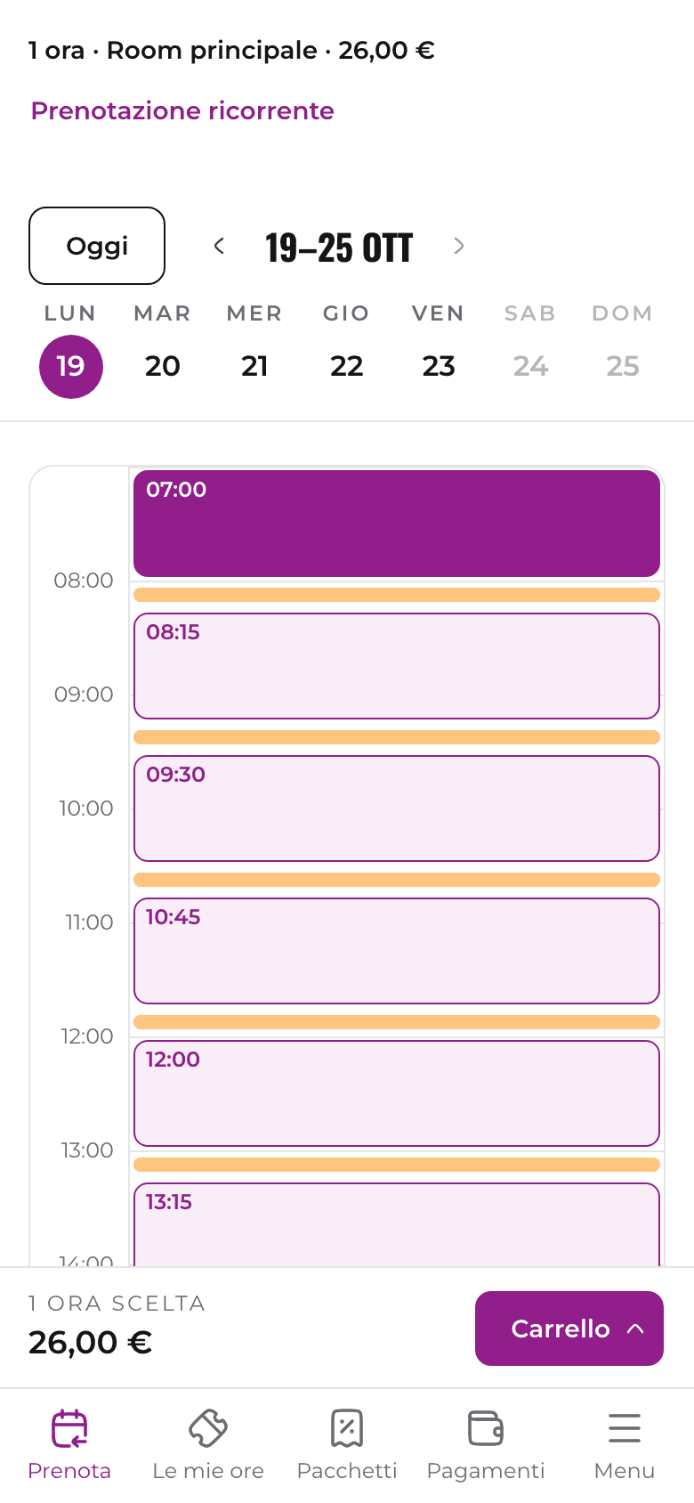 La pagina Disponibilità sul telefono: le ore libere di martedì, una già nel carrello a 26,00 €